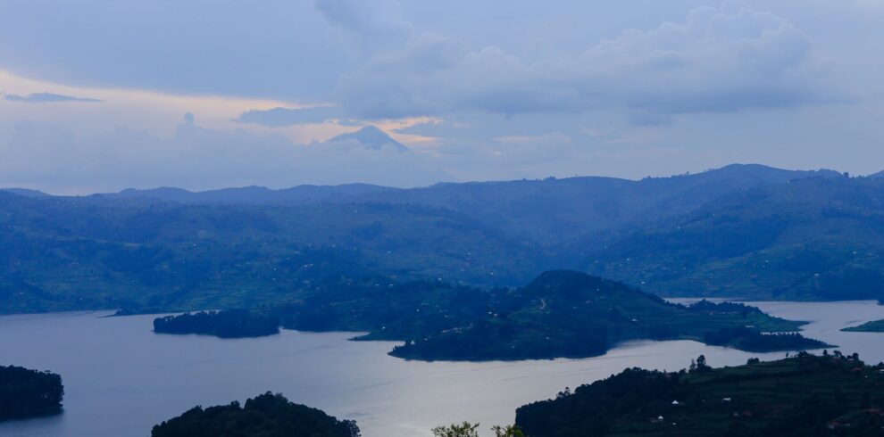View over Lake Bunyonyi and its islands from the hills near Kabale