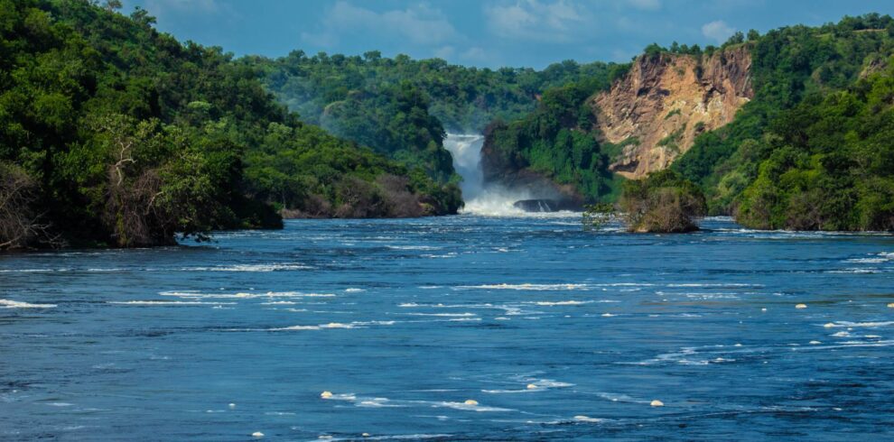 Murchison Falls pouring through a green gorge, seen from the wide river Nile, Uganda